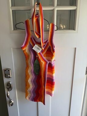 FARM Rio Multicolor Crochet Halter Dress in Pink, Orange, Red, Purple